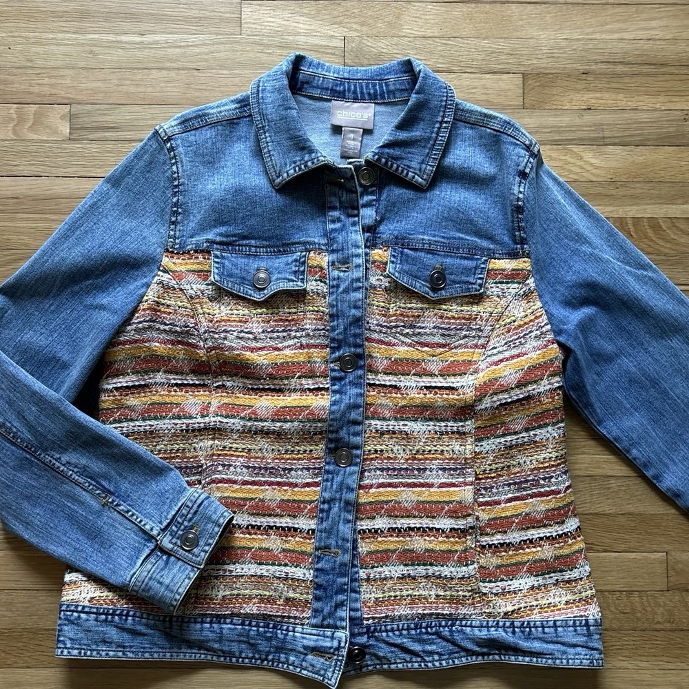 Chico's Cool Weave Denim Jean Jacket Women Sz 1 Medium Boho Artsy Eclectic Retro